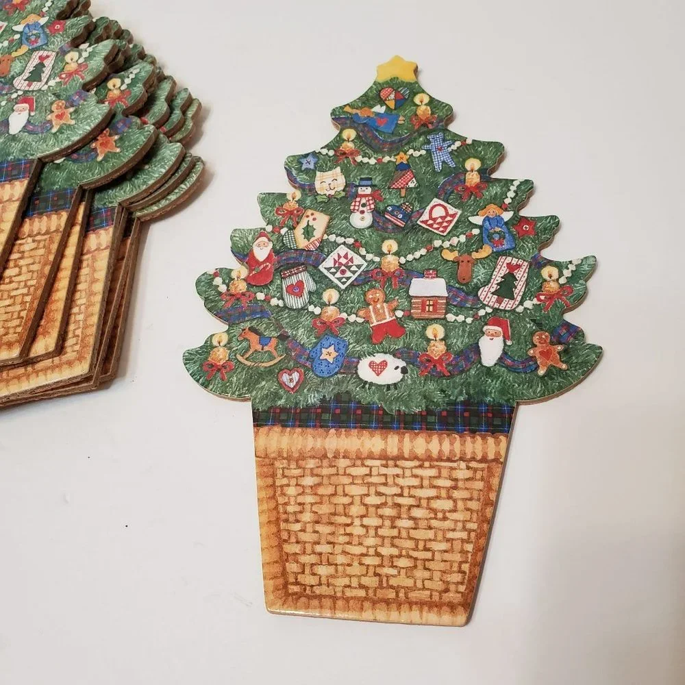 Christmas Tree Coasters / Hot Mats, Set of 8, Cork-backed Holiday Decor LIKE NEW